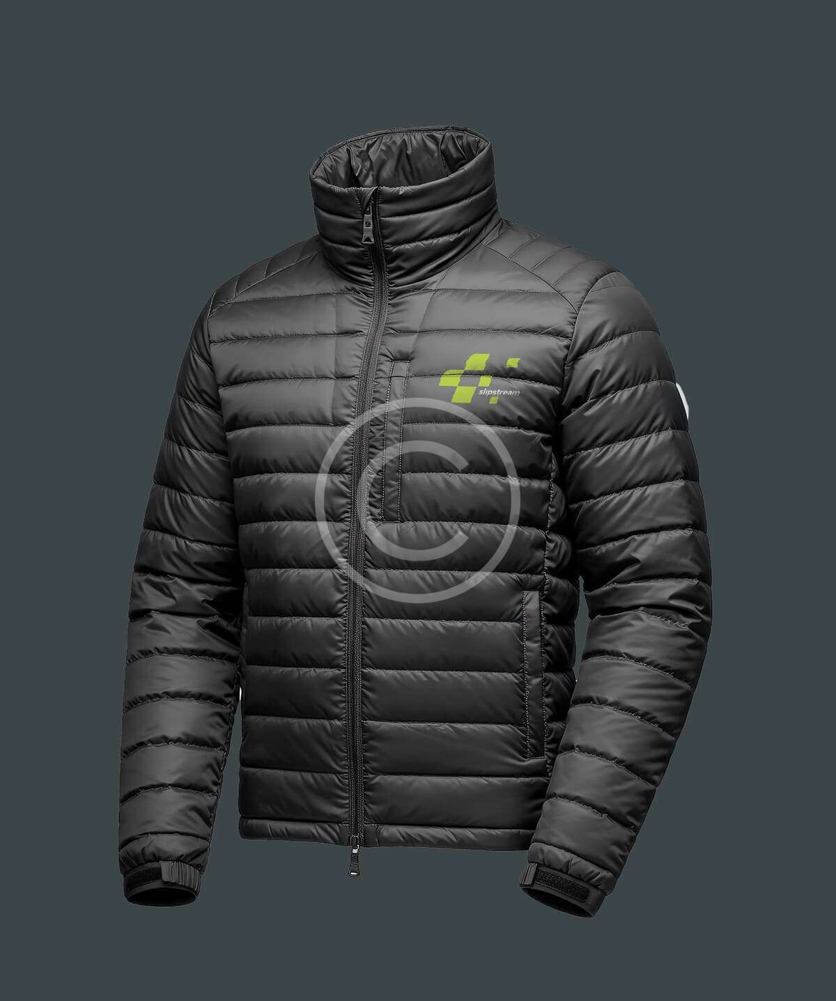 Insulated black racing puffer jacket